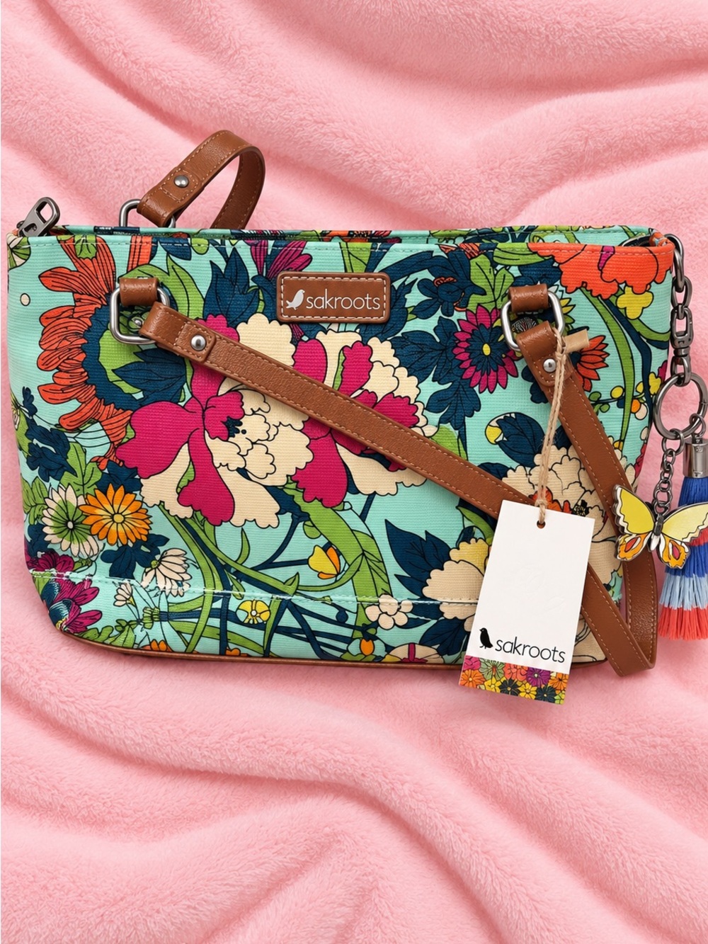 Sakroots Aqua Multi Floral Crossbody with Brown Trim